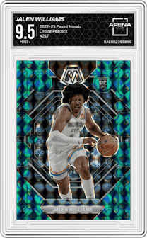 Jalen Williams from the 2022-23 Panini Mosaic set featuring a Choice Peacock parallel graded by Arena Club and given an overall grade of 9.5.