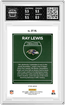 Ray Lewis from the 2022 Panini Donruss Optic set graded by Arena Club and given an overall grade of 9.