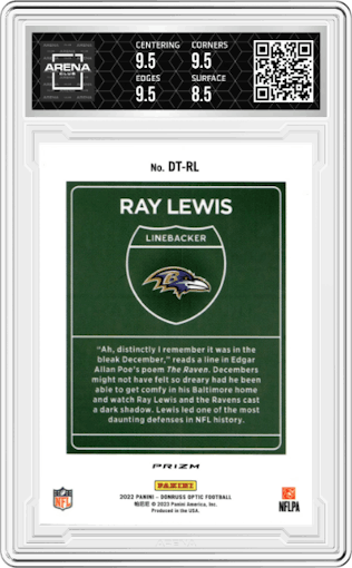 Ray Lewis from the 2022 Panini Donruss Optic set graded by Arena Club and given an overall grade of 9.