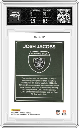 Josh Jacobs from the 2023 Panini Donruss set graded by Arena Club and given an overall grade of 9.