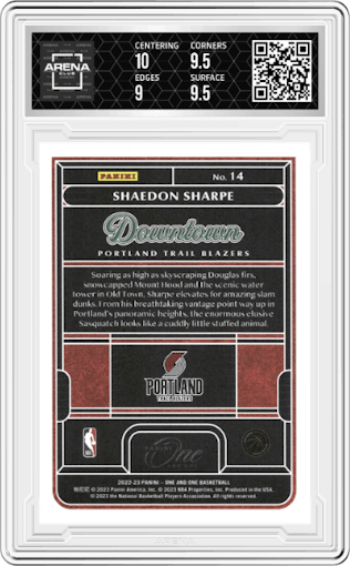 Shaedon Sharpe from the 2022-23 Panini One and One set graded by Arena Club and given an overall grade of 9.5.