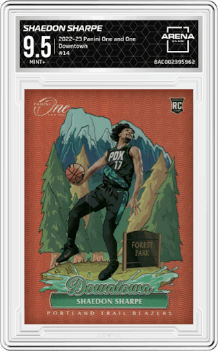 Shaedon Sharpe from the 2022-23 Panini One and One set graded by Arena Club and given an overall grade of 9.5.