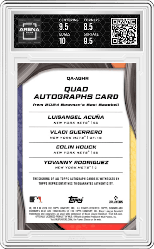 Luisangel Acuna/Vladi Guerrero/Colin Houck/Yovanny Rodriguez   from the 2024 Bowman's Best set graded by Arena Club and given an overall grade of 9.