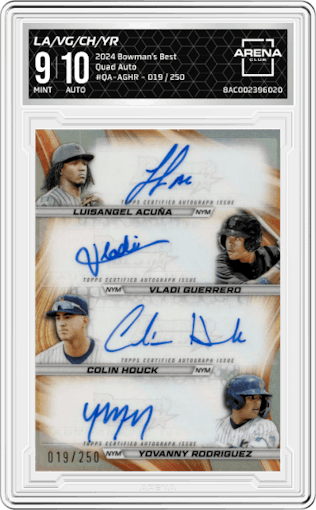 Luisangel Acuna/Vladi Guerrero/Colin Houck/Yovanny Rodriguez   from the 2024 Bowman's Best set graded by Arena Club and given an overall grade of 9.