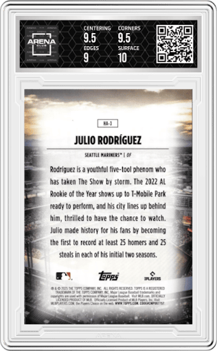 Julio Rodriguez	 from the 2025 Topps set graded by Arena Club and given an overall grade of 9.5.