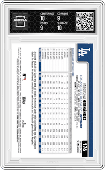 Teoscar Hernandez from the 2025 Topps set featuring a Team Color parallel graded by Arena Club and given an overall grade of 9.5.