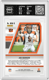 Joe Burrow from the 2021 Panini Mosaic set featuring a Green Mosaic parallel graded by Arena Club and given an overall grade of 9.