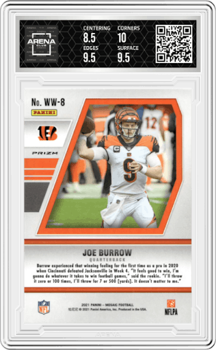 Joe Burrow from the 2021 Panini Mosaic set featuring a Green Mosaic parallel graded by Arena Club and given an overall grade of 9.