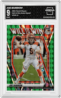 Joe Burrow from the 2021 Panini Mosaic set featuring a Green Mosaic parallel graded by Arena Club and given an overall grade of 9.