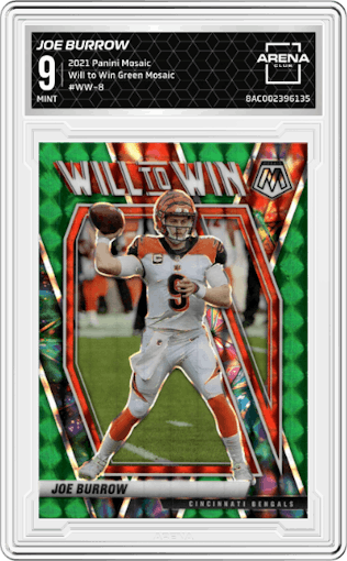 Joe Burrow from the 2021 Panini Mosaic set featuring a Green Mosaic parallel graded by Arena Club and given an overall grade of 9.