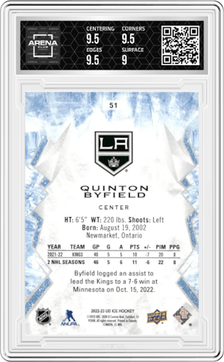 Quinton Byfield from the 2022-23 Upper Deck Ice set featuring a Purple parallel graded by Arena Club and given an overall grade of 9.5.