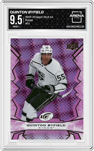 Quinton Byfield from the 2022-23 Upper Deck Ice set featuring a Purple parallel graded by Arena Club and given an overall grade of 9.5.
