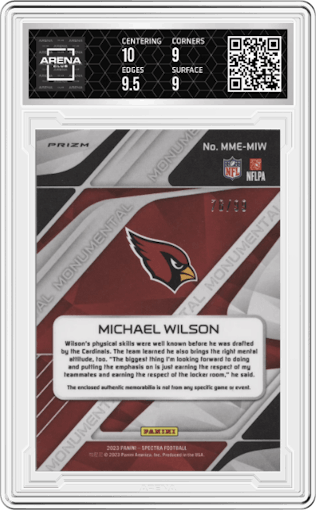 Michael Wilson from the 2023 Panini Spectra set graded by Arena Club and given an overall grade of 9.5.
