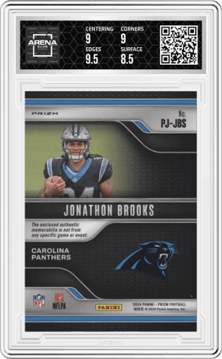 Jonathon Brooks from the 2024 Panini Prizm set graded by Arena Club and given an overall grade of 9.