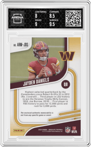 Jayden Daniels from the 2024 Panini Absolute set graded by Arena Club and given an overall grade of 8.5.