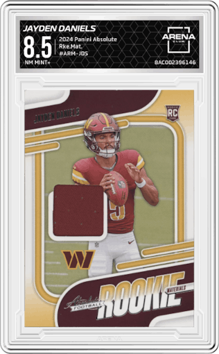 Jayden Daniels from the 2024 Panini Absolute set graded by Arena Club and given an overall grade of 8.5.
