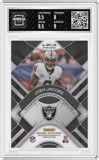 Josh Jacobs from the 2023 Panini Spectra set featuring a Neon Blue parallel graded by Arena Club and given an overall grade of 8.5.