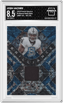 Josh Jacobs from the 2023 Panini Spectra set featuring a Neon Blue parallel graded by Arena Club and given an overall grade of 8.5.