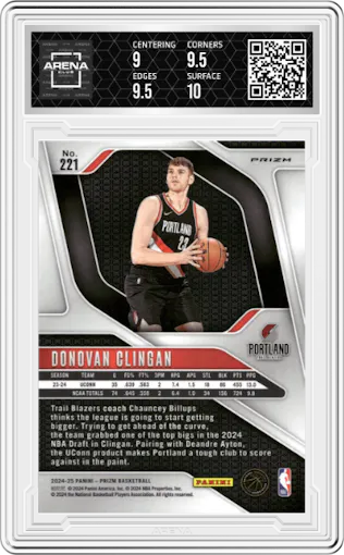 Donovan Clingan from the 2024-25 Panini Prizm set featuring a Pink Ice parallel graded by Arena Club and given an overall grade of 9.5.