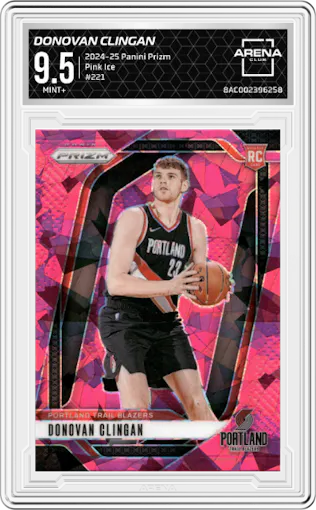 Donovan Clingan from the 2024-25 Panini Prizm set featuring a Pink Ice parallel graded by Arena Club and given an overall grade of 9.5.