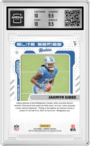 Jahmyr Gibbs from the 2023 Panini Donruss set graded by Arena Club and given an overall grade of 10.