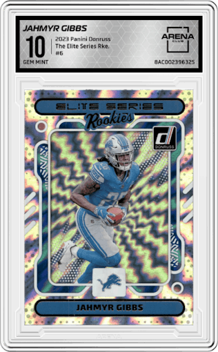Jahmyr Gibbs from the 2023 Panini Donruss set graded by Arena Club and given an overall grade of 10.