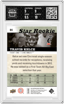 Travis Kelce from the 2013 Upper Deck set graded by Arena Club and given an overall grade of 9.5.