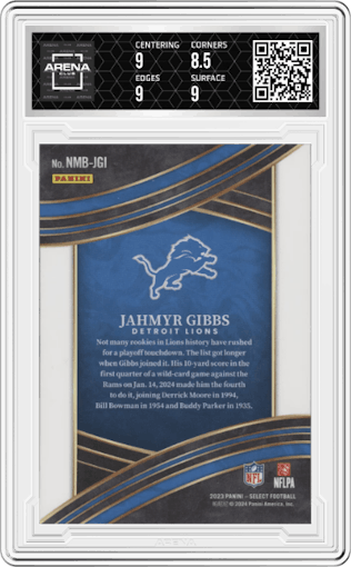 Jahmyr Gibbs from the 2023 Panini Select set graded by Arena Club and given an overall grade of 9.
