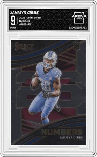 Jahmyr Gibbs from the 2023 Panini Select set graded by Arena Club and given an overall grade of 9.