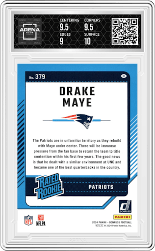 Drake Maye from the 2024 Donruss set graded by Arena Club and given an overall grade of 9.5.