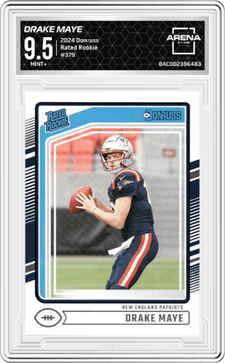 Drake Maye from the 2024 Donruss set graded by Arena Club and given an overall grade of 9.5.