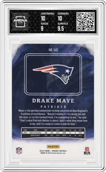 Drake Maye from the 2024 Panini Origins set graded by Arena Club and given an overall grade of 9.5.