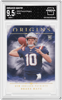 Drake Maye from the 2024 Panini Origins set graded by Arena Club and given an overall grade of 9.5.