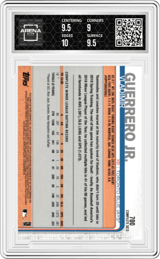Vladimir Guerrero Jr. from the 2019 Topps Complete Set set graded by Arena Club and given an overall grade of 9.5.