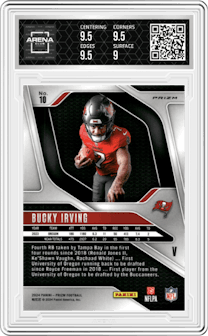 Bucky Irving from the 2024 Panini Prizm set featuring a No Huddle parallel graded by Arena Club and given an overall grade of 9.5.