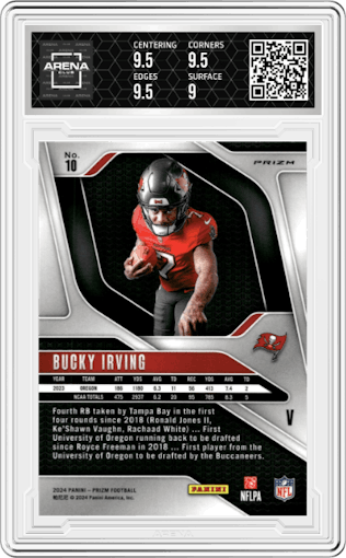 Bucky Irving from the 2024 Panini Prizm set featuring a No Huddle parallel graded by Arena Club and given an overall grade of 9.5.