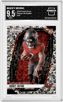 Bucky Irving from the 2024 Panini Prizm set featuring a No Huddle parallel graded by Arena Club and given an overall grade of 9.5.