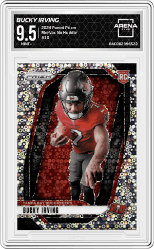 Bucky Irving from the 2024 Panini Prizm set featuring a No Huddle parallel graded by Arena Club and given an overall grade of 9.5.