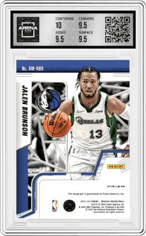 Jalen Brunson from the 2021-22 Panini Mosaic  set featuring a Choice Fusion Red & Yellow parallel graded by Arena Club and given an overall grade of 10.