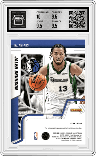Jalen Brunson from the 2021-22 Panini Mosaic  set featuring a Choice Fusion Red & Yellow parallel graded by Arena Club and given an overall grade of 10.
