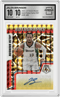 Jalen Brunson from the 2021-22 Panini Mosaic  set featuring a Choice Fusion Red & Yellow parallel graded by Arena Club and given an overall grade of 10.