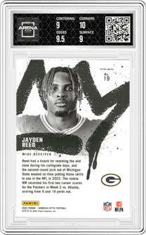 Jayden Reed from the 2023 Donruss Optic set graded by Arena Club and given an overall grade of 9.5.