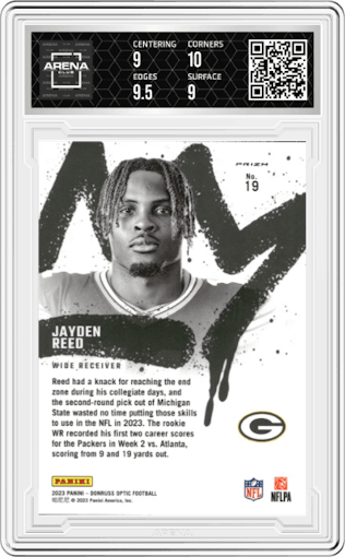 Jayden Reed from the 2023 Donruss Optic set graded by Arena Club and given an overall grade of 9.5.