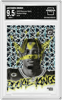 Jayden Reed from the 2023 Donruss Optic set graded by Arena Club and given an overall grade of 9.5.