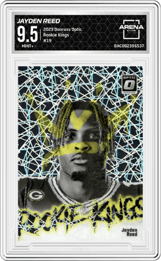 Jayden Reed from the 2023 Donruss Optic set graded by Arena Club and given an overall grade of 9.5.