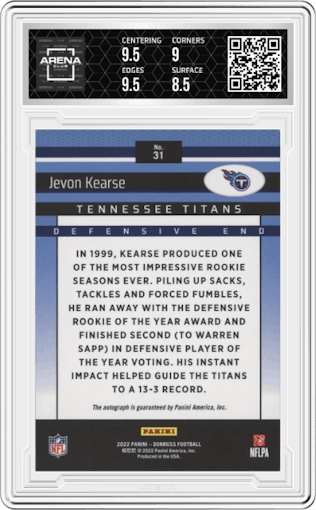 Jevon Kearse from the 2022 Panini Donruss set graded by Arena Club and given an overall grade of 9.