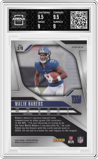Malik Nabers from the 2024 Panini Prizm set featuring a Red/White/Blue Prizm parallel graded by Arena Club and given an overall grade of 9.5.