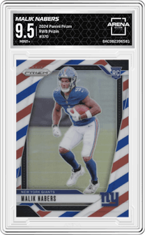 Malik Nabers from the 2024 Panini Prizm set featuring a Red/White/Blue Prizm parallel graded by Arena Club and given an overall grade of 9.5.