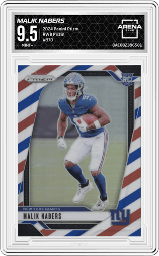 Malik Nabers from the 2024 Panini Prizm set featuring a Red/White/Blue Prizm parallel graded by Arena Club and given an overall grade of 9.5.