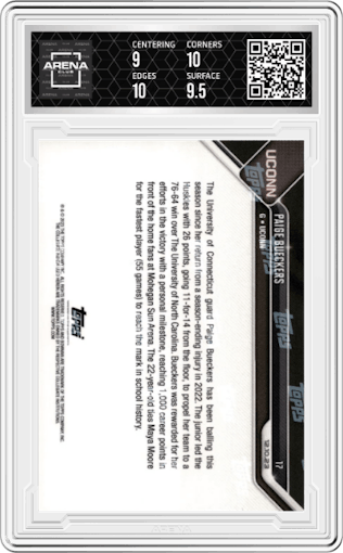 Paige Bueckers from the 2023-24 Bowman U Now set graded by Arena Club and given an overall grade of 9.5.